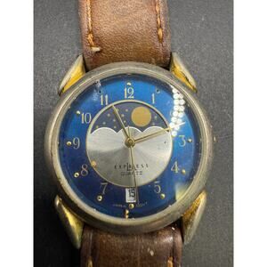 Vintage Ladies LA EXPRESS Gold Tone Moon Phase Blue Dial Watch Brown Leather